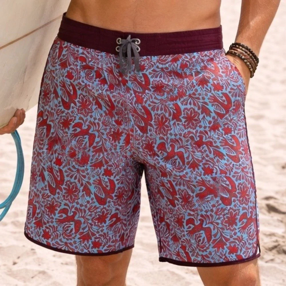 Prana‎ High Seas Board Shorts Mens 36 Red Blue Otomi Bird Floral Swim Trunks H2